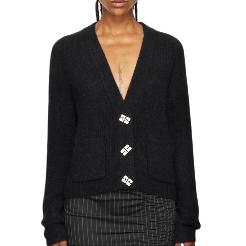 GANNI Black Crystal-Cut Diamond Button Wool Knit Loose Fit Cardigan Sweater Top